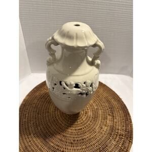 Vintage 11” Ivory Ceramic Lamp Base – Ornate Handles & Pierced Vine Detail